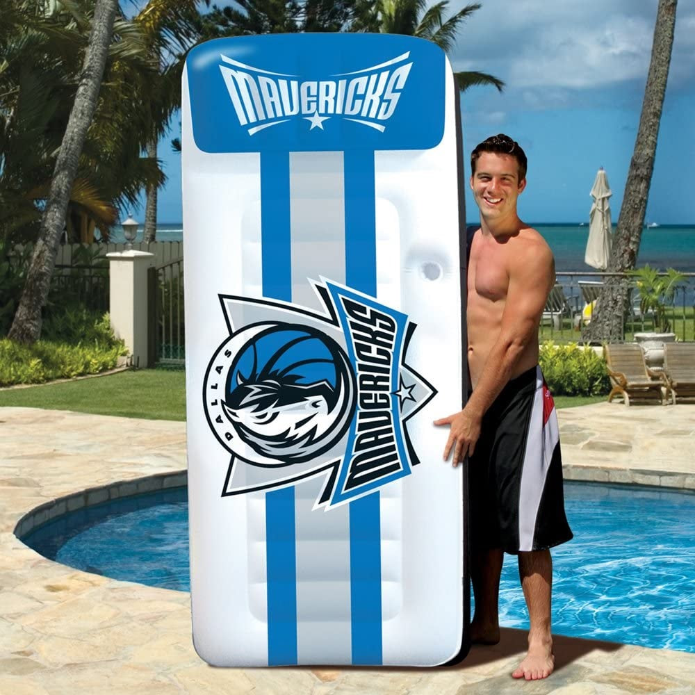 Pool mattress with Dallas Mavericks logos on it.