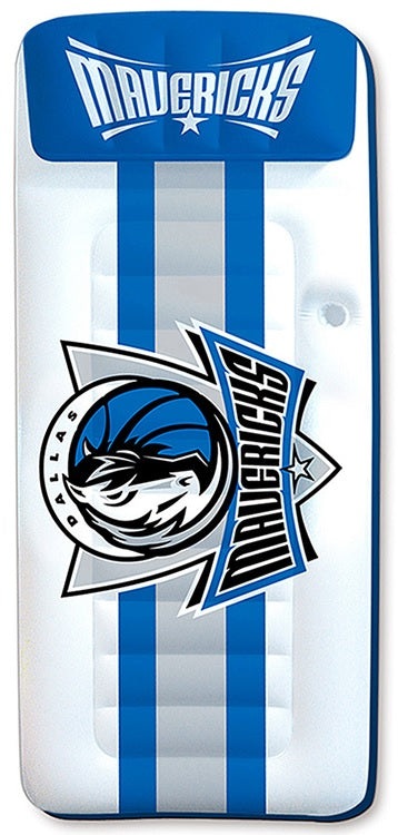Pool mattress with Dallas Mavericks logos on it.