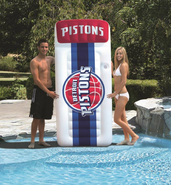 Pool mattress with Detroit Pistons logos on it.