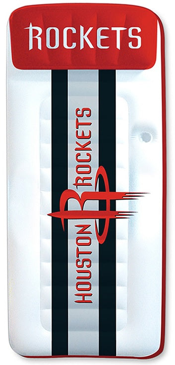 Pool mattress with Houston Rockets logos on it.