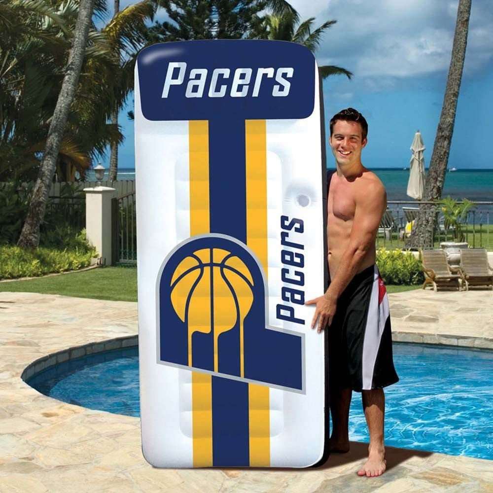 Pool mattress with Indiana Pacers logos on it.