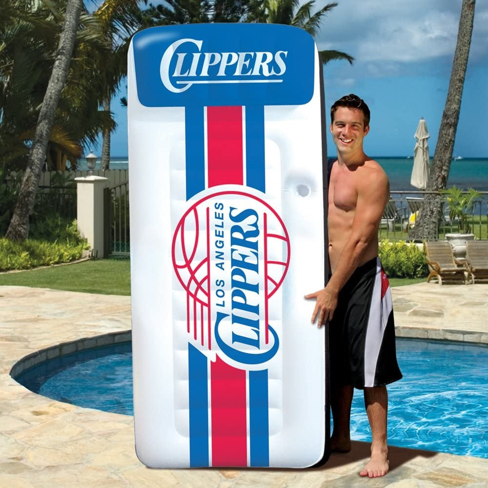 Pool mattress with Los Angeles Clippers logos on it.