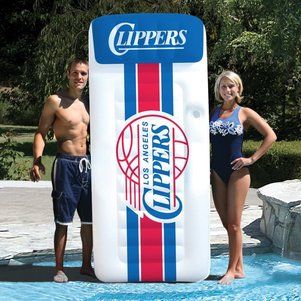 Pool mattress with Los Angeles Clippers logos on it.