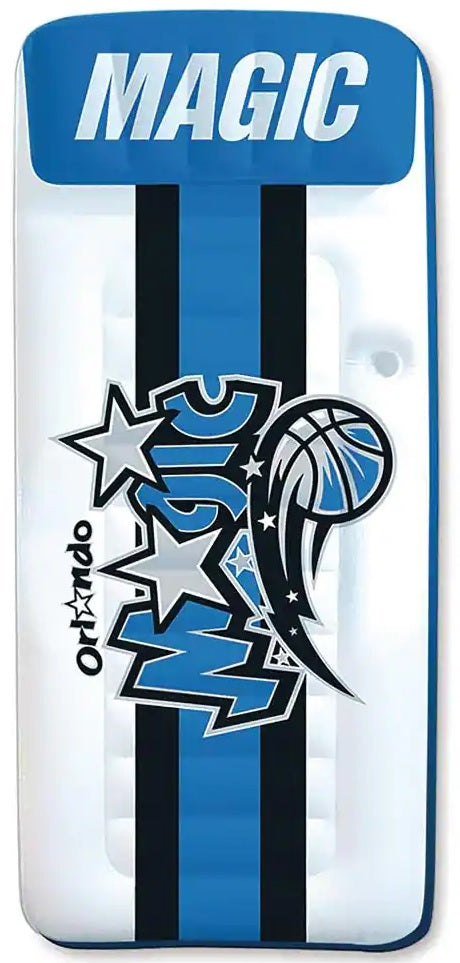Pool mattress with Orlando Magic logos on it.