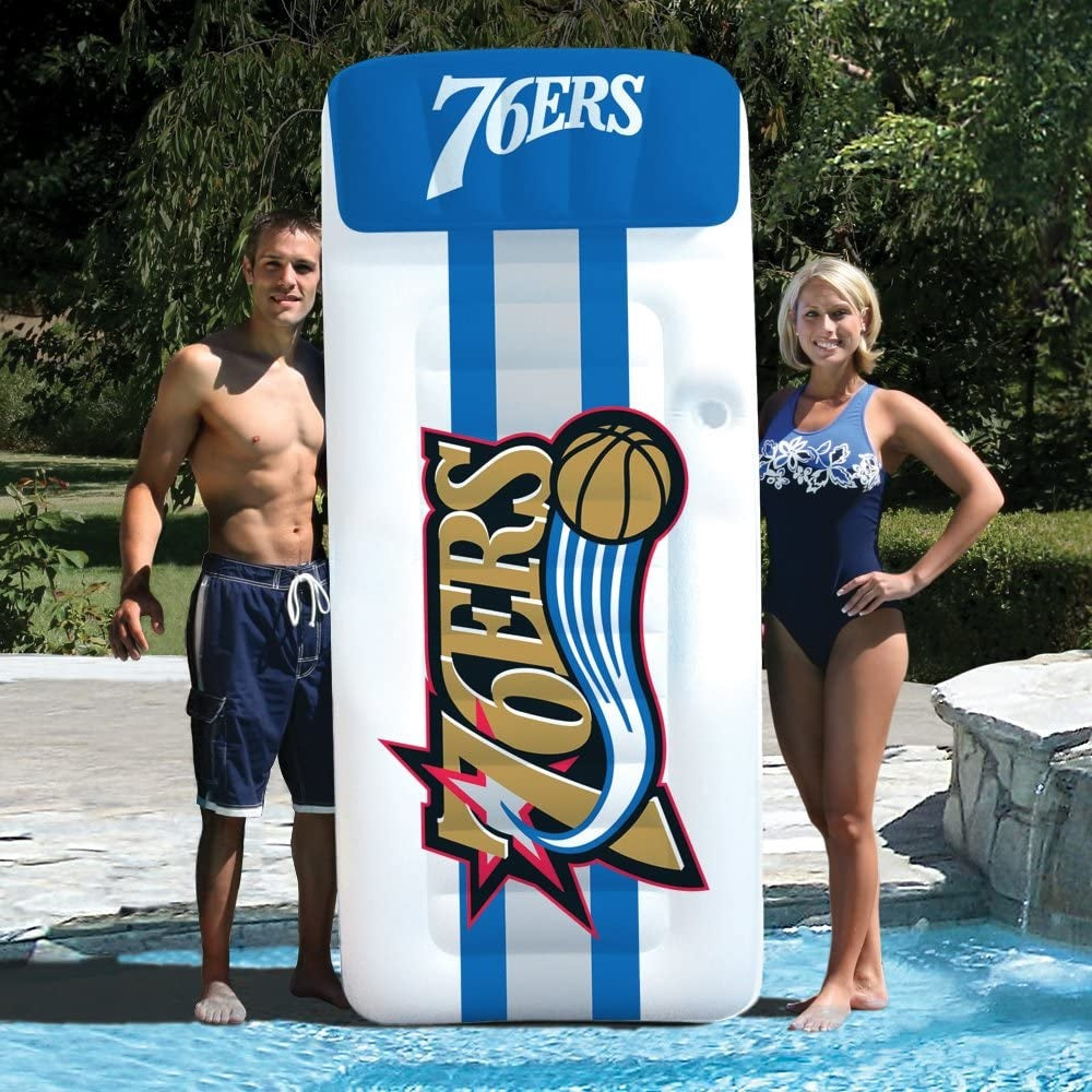 Pool mattress with Philadelphia 76ers logos on it.