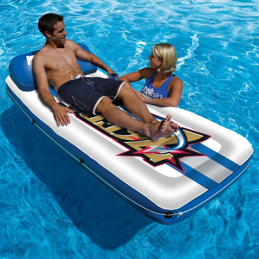 Pool mattress with Philadelphia 76ers logos on it.
