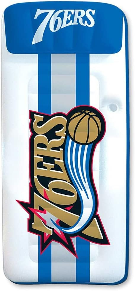 Pool mattress with Philadelphia 76ers logos on it.
