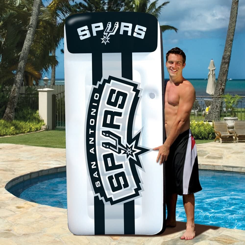 Pool mattress with San Antonio Spurs logos on it.