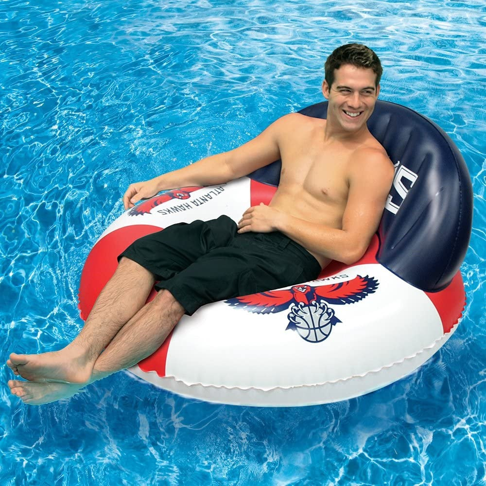 Pool lounger with Atlanta Hawks logos on it.