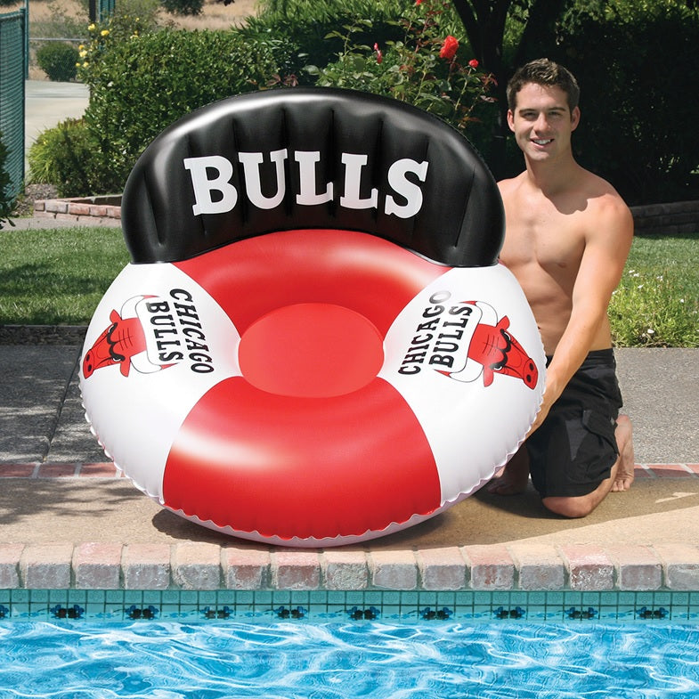 Pool lounger with Chicago Bulls logos on it.