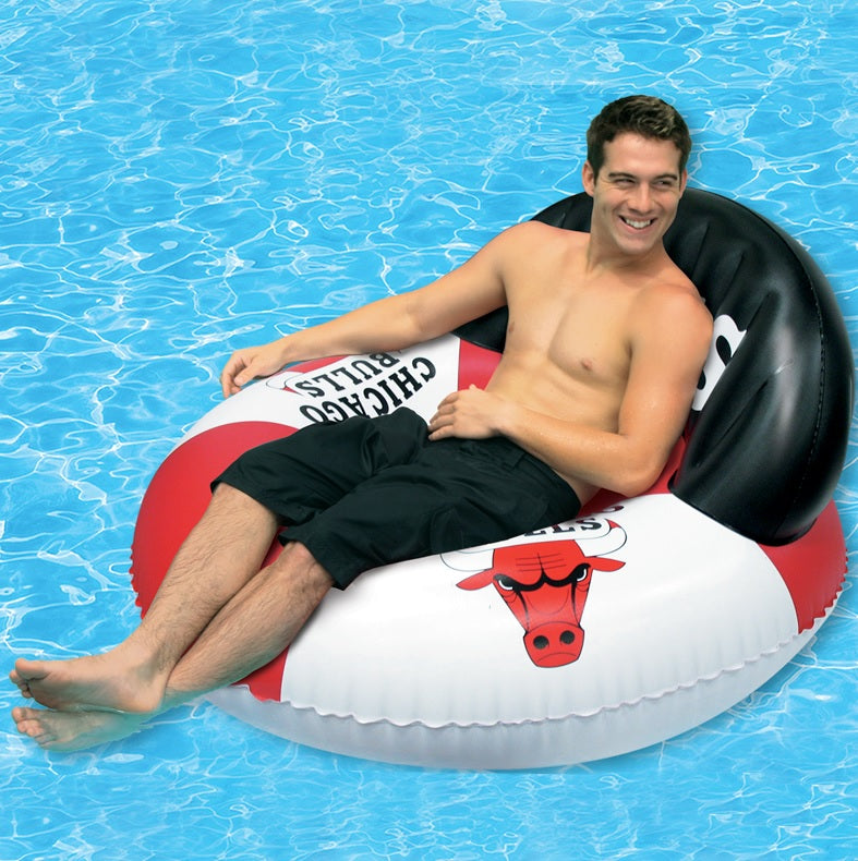 Pool lounger with Chicago Bulls logos on it.