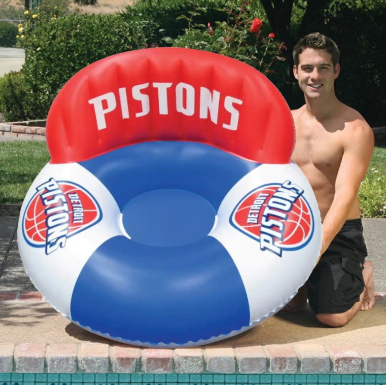 Pool lounger with Detroit Pistons logos on it.
