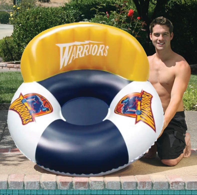 Pool lounger with Golden State Warriors logos on it.