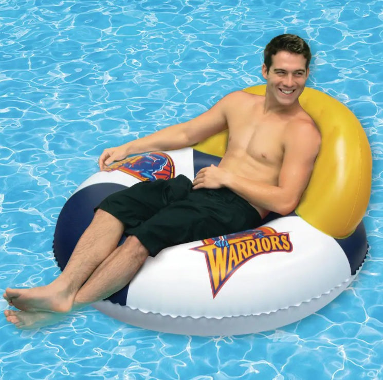 Pool lounger with Golden State Warriors logos on it.