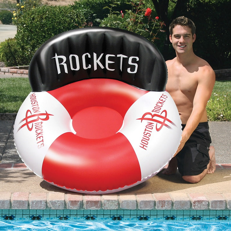 Pool lounger with Houston Rockets logos on it.