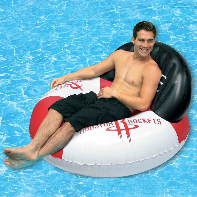 Pool lounger with Houston Rockets logos on it.