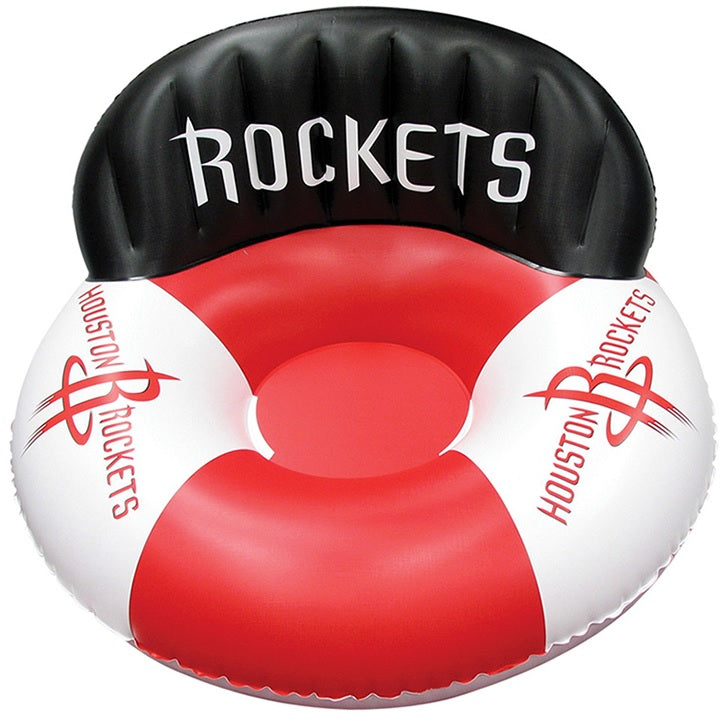 Pool lounger with Houston Rockets logos on it.