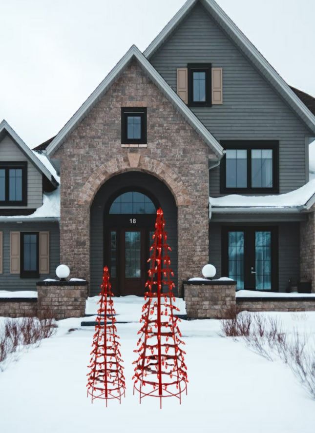 Set of 2 Wire Cone Trees with Red Twinkling LED Lights