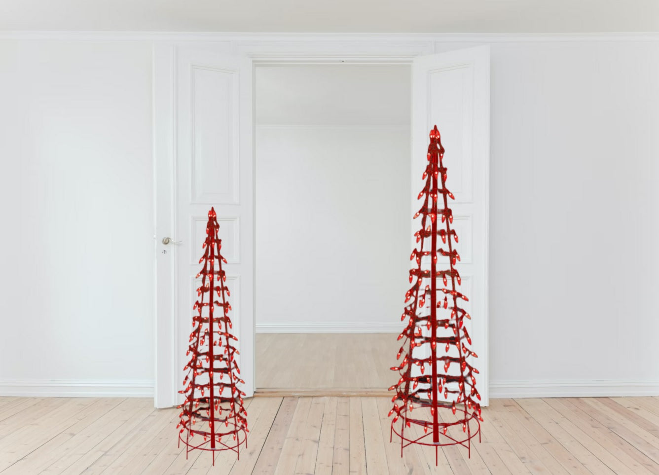 Set of 2 Wire Cone Trees with Red Twinkling LED Lights