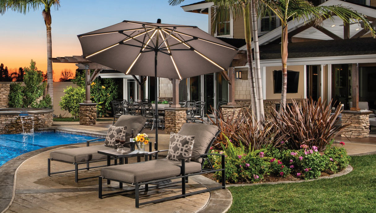 9' Starlux Collar Tilt Market Umbrella in a Bronze Frame with a Taupe Canopy