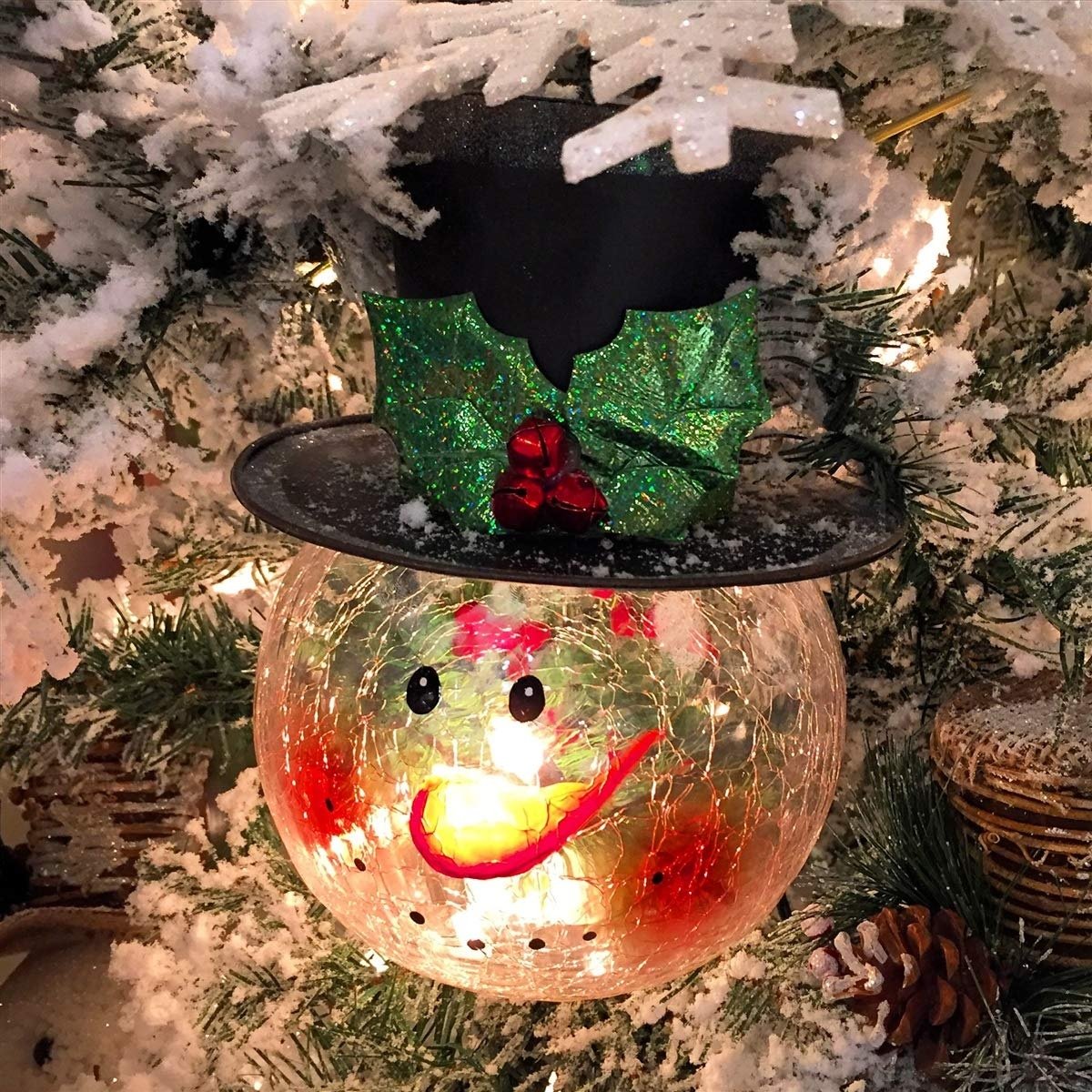 8" Electric Lighted Crackle Glass Snowman