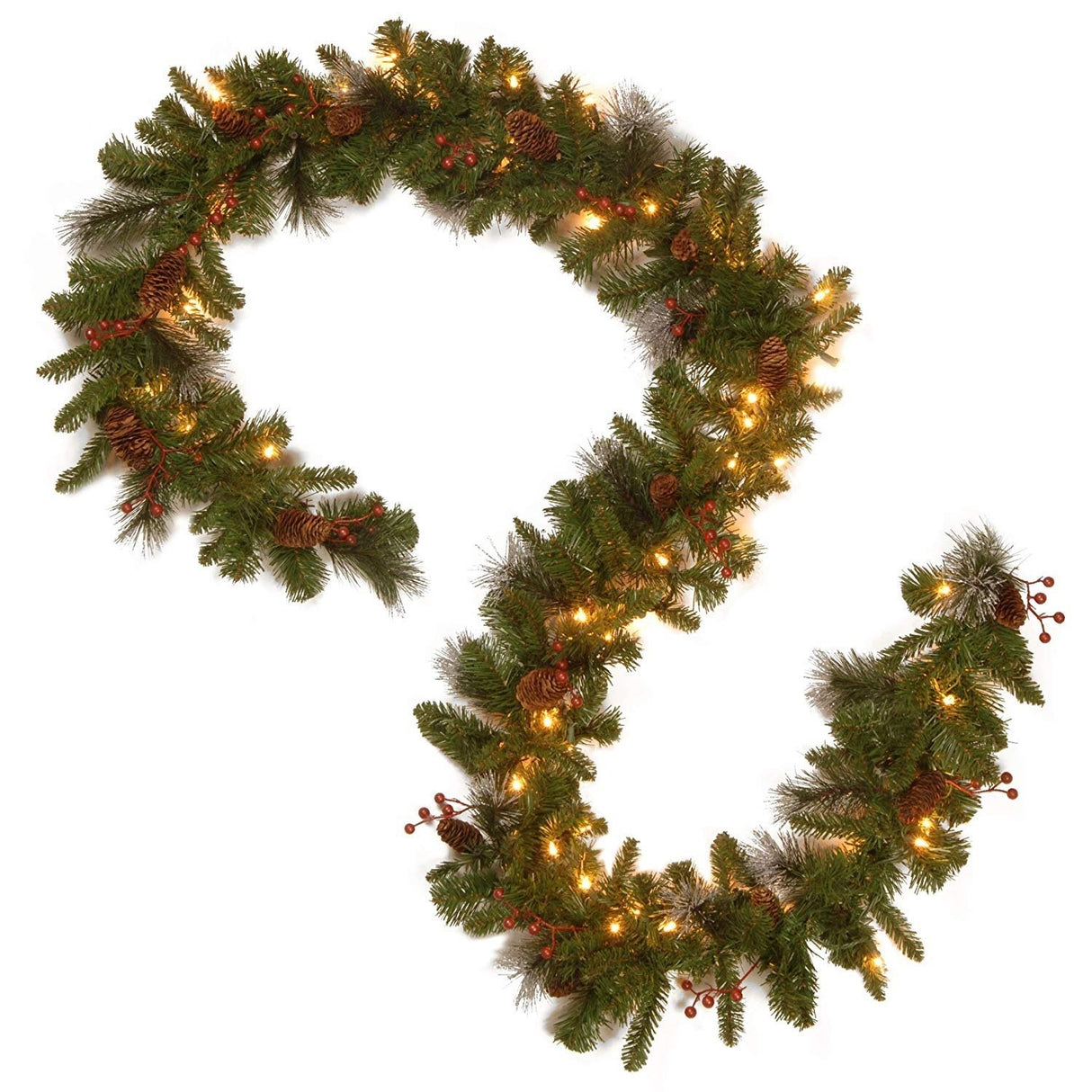 9' Classic Spruce Pre-Lit Garland with Frosted Tips, Berries and Pine Cones