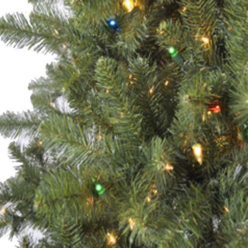 Artificial tree pre-lit with multi-colored lights.