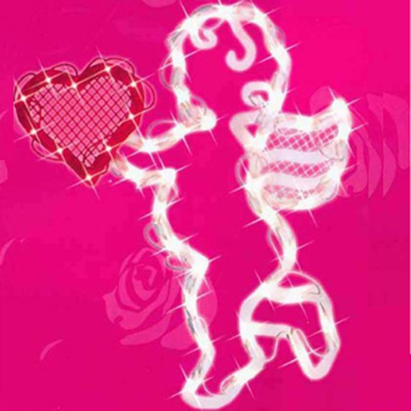Lighted silhouette decoration shaped like baby Cupid holding a heart.