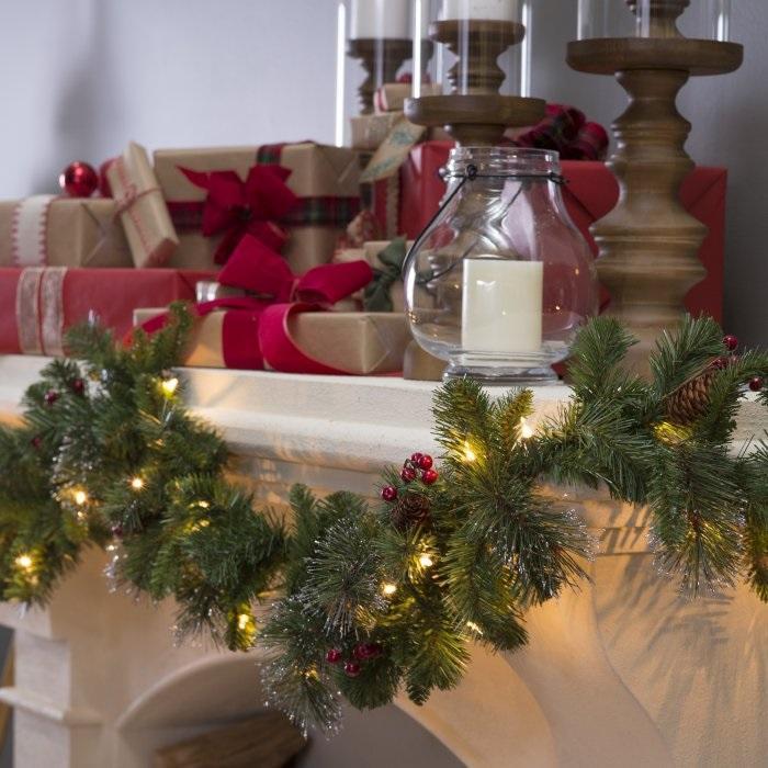 9' Classic Spruce Pre-Lit Garland with Frosted Tips, Berries and Pine Cones