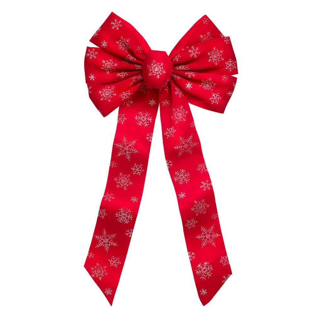 Christmas - 12" X 26" 7 Loop Glittering Red Velvet Silver Snowflake Christmas Bow