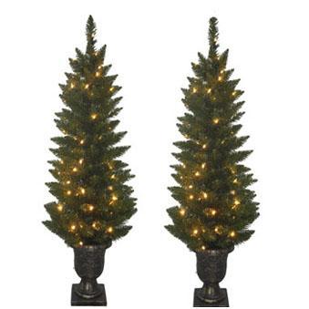 Set of 2 small trees in pots. Each tree is pre-lit with clear lights.