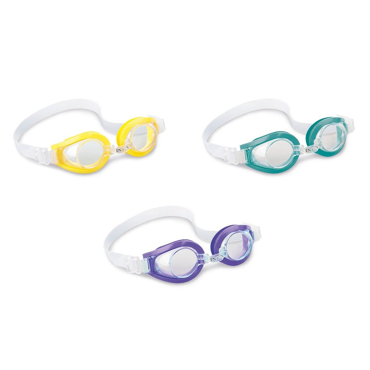 Three swimming goggles. One is yellow, one is green and one is purple.