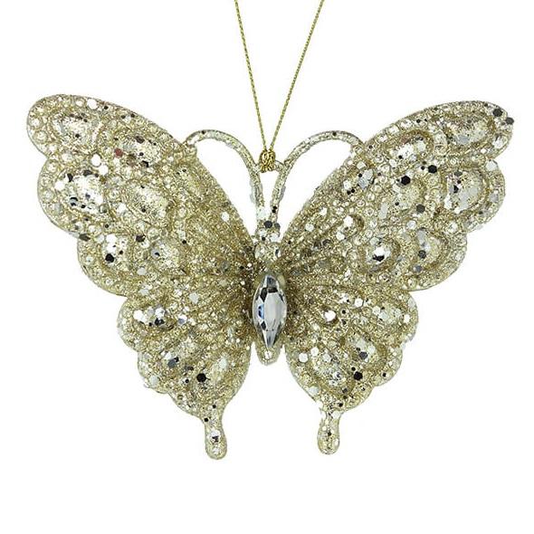 Glitter ornaments shaped like butterflies.