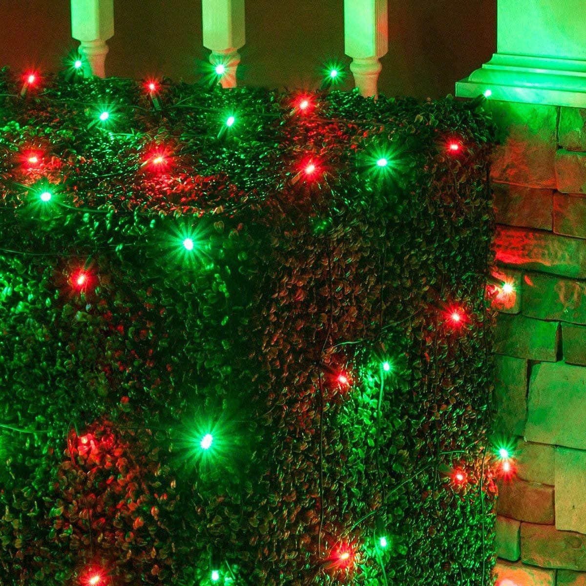 Basically a blanket of lights. You can wrap it around tree trunks, you can throw it over a bush, etc. There are different color options. These lights are red and green.