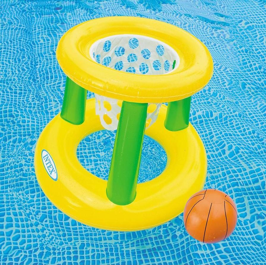 Yellow and green floating basketball hoop.