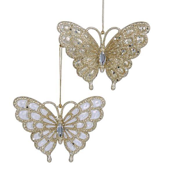 Glitter ornaments shaped like butterflies.