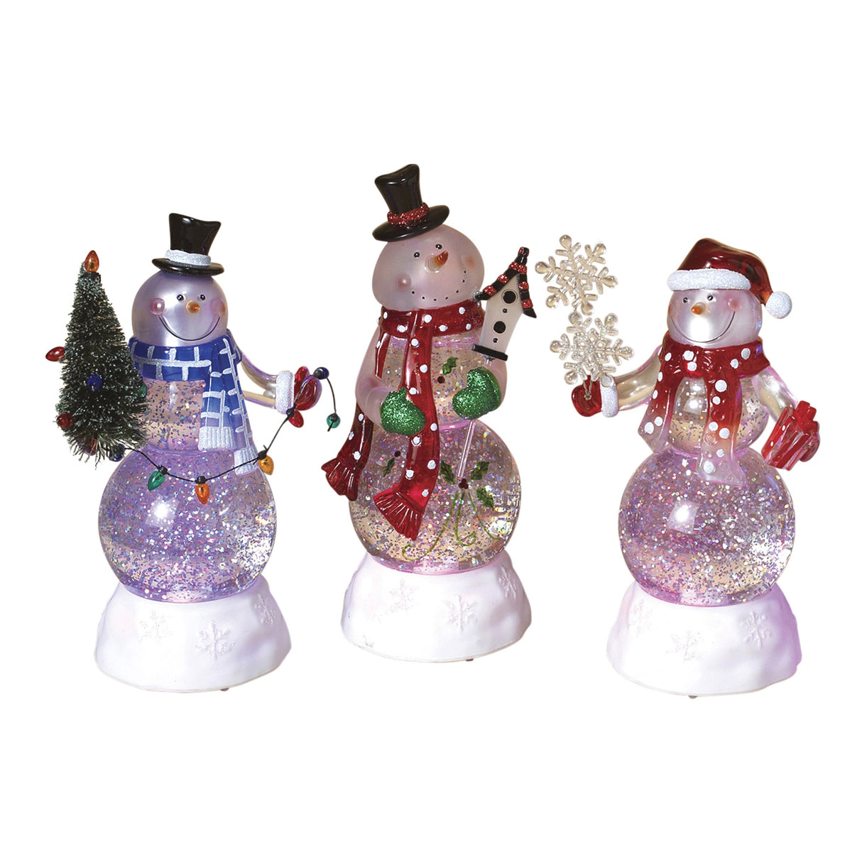 Tabletop decorations designed to look like glass snowmen. This picture shows all three options available.