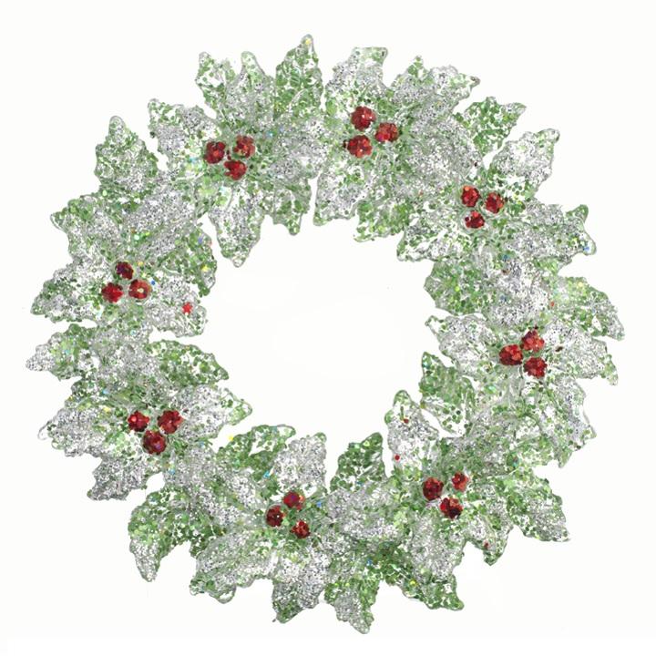 5" Vintage Green Glitter Holly Wreath Ornament