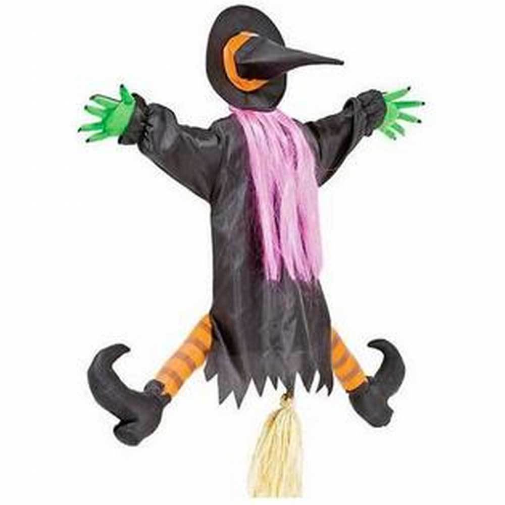 Decoration shaped like a witch who looks like she just crashed into a tree.