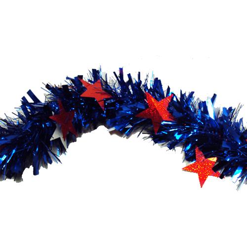 Blue decorating tinsel with red and white tinsel stars.