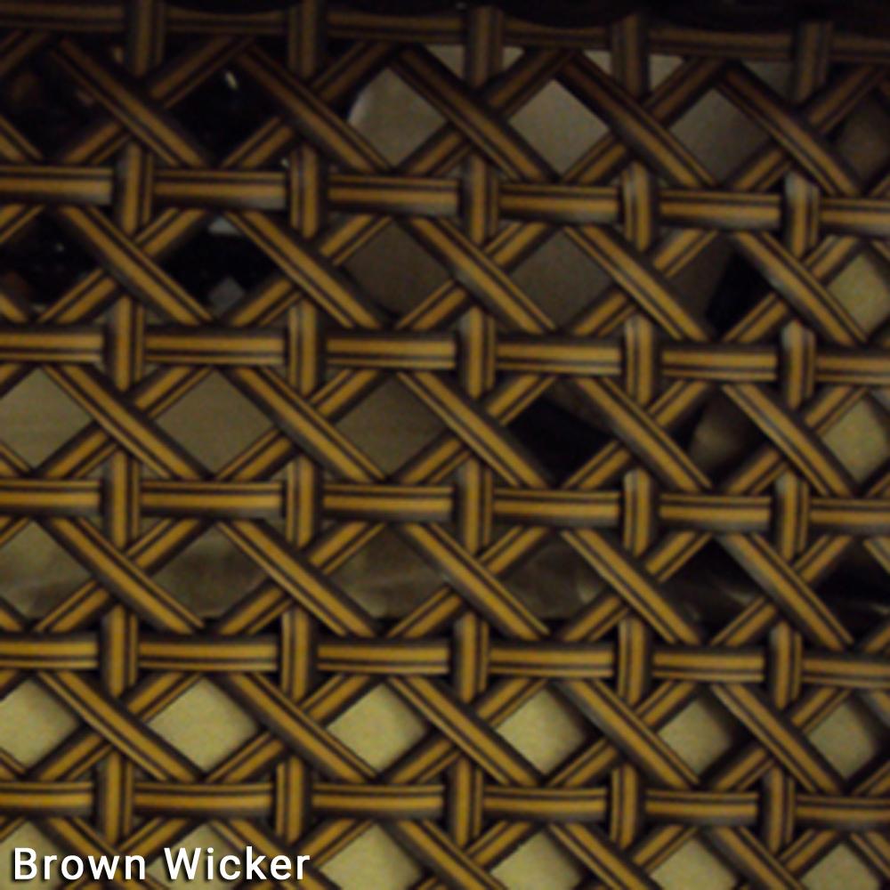 Patio furniture set on a stone patio. The frames are dark brown and the cushions are an orange-ish, tan color.