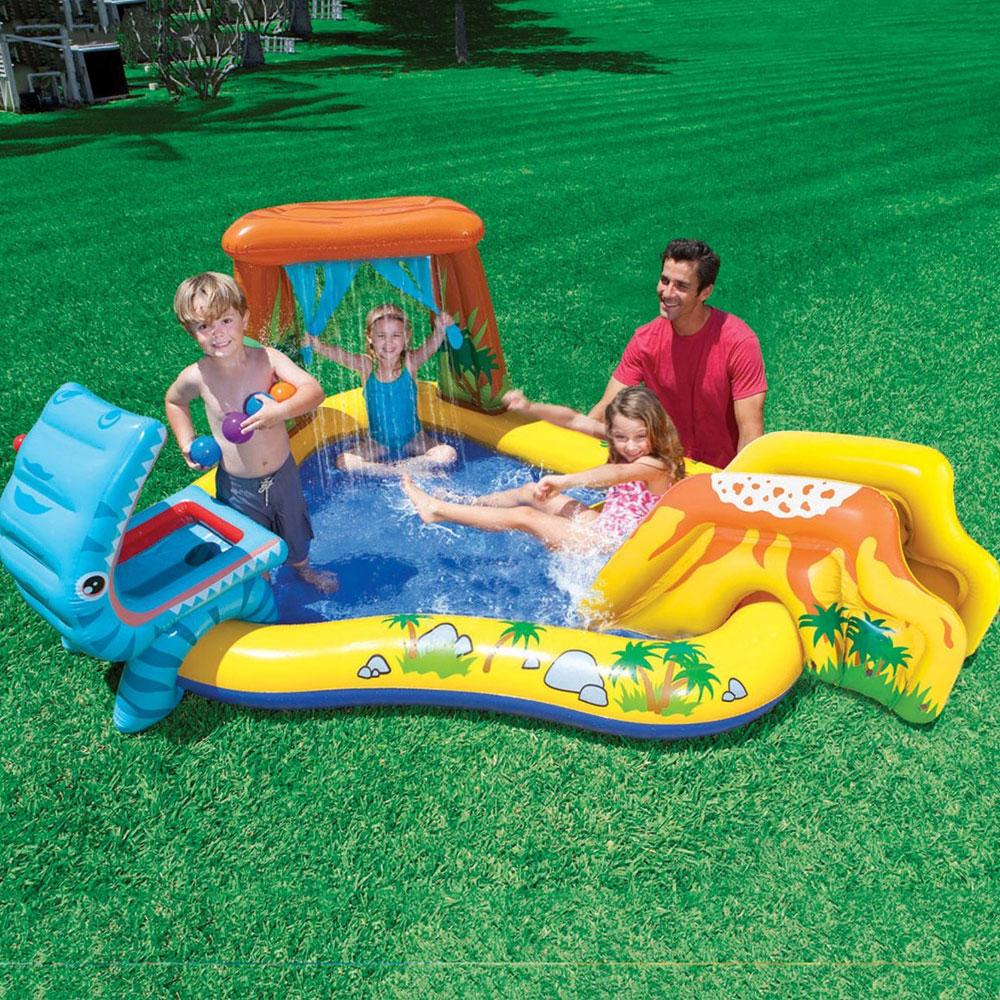 Dinosaur themed inflatable water park for kids.