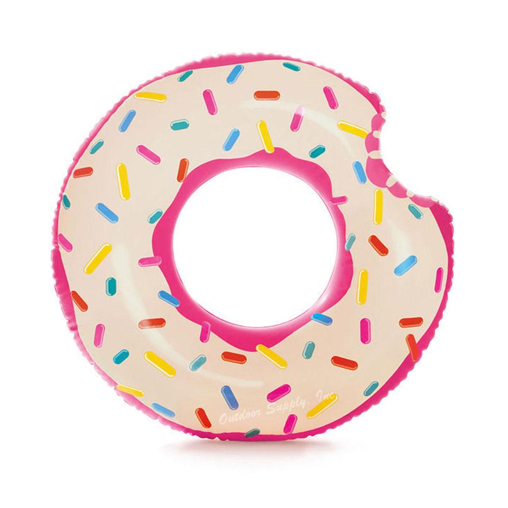 Pink inflatable inner tube. Designed to look like a frosted donut with multi-colored sprinkles.