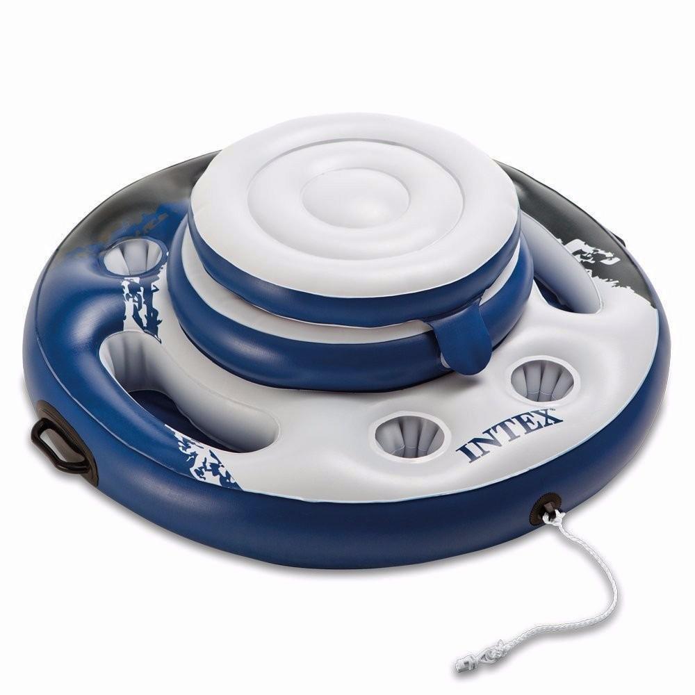 Blue and white inflatable cooler with cupholders.