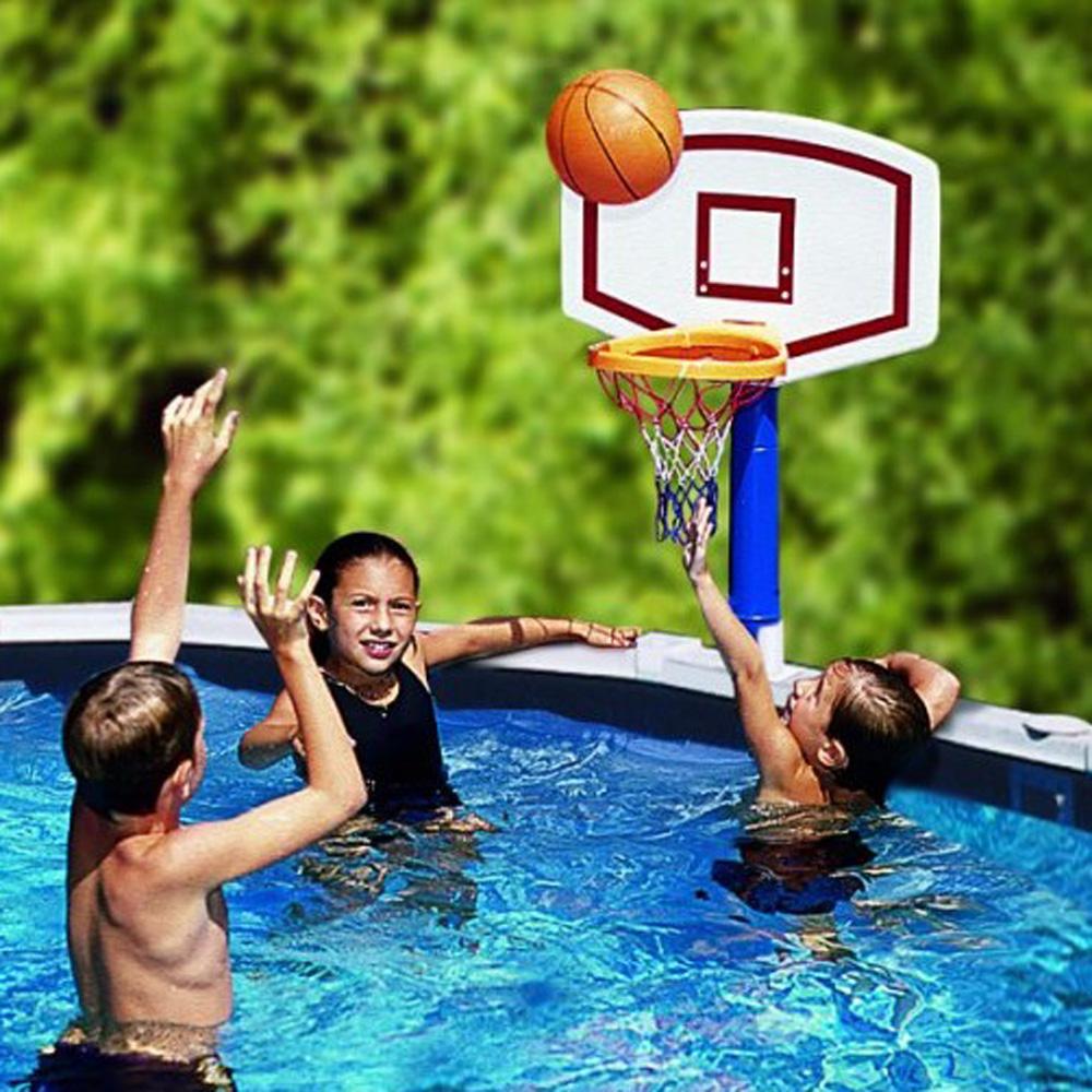 Pool basketball hoop with basketball.