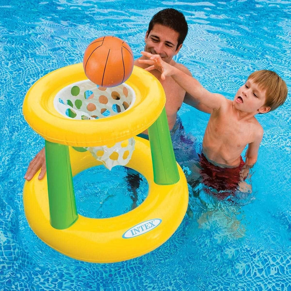 Yellow and green floating basketball hoop.