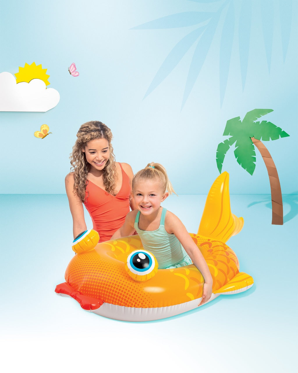 Pool inflatable shaped like a yellow and orange fish with large, blue eyes.