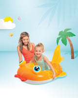 Pool inflatable shaped like a yellow and orange fish with large, blue eyes.