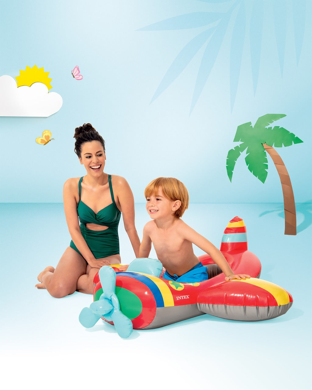 Pool inflatable shaped like an airplane.
