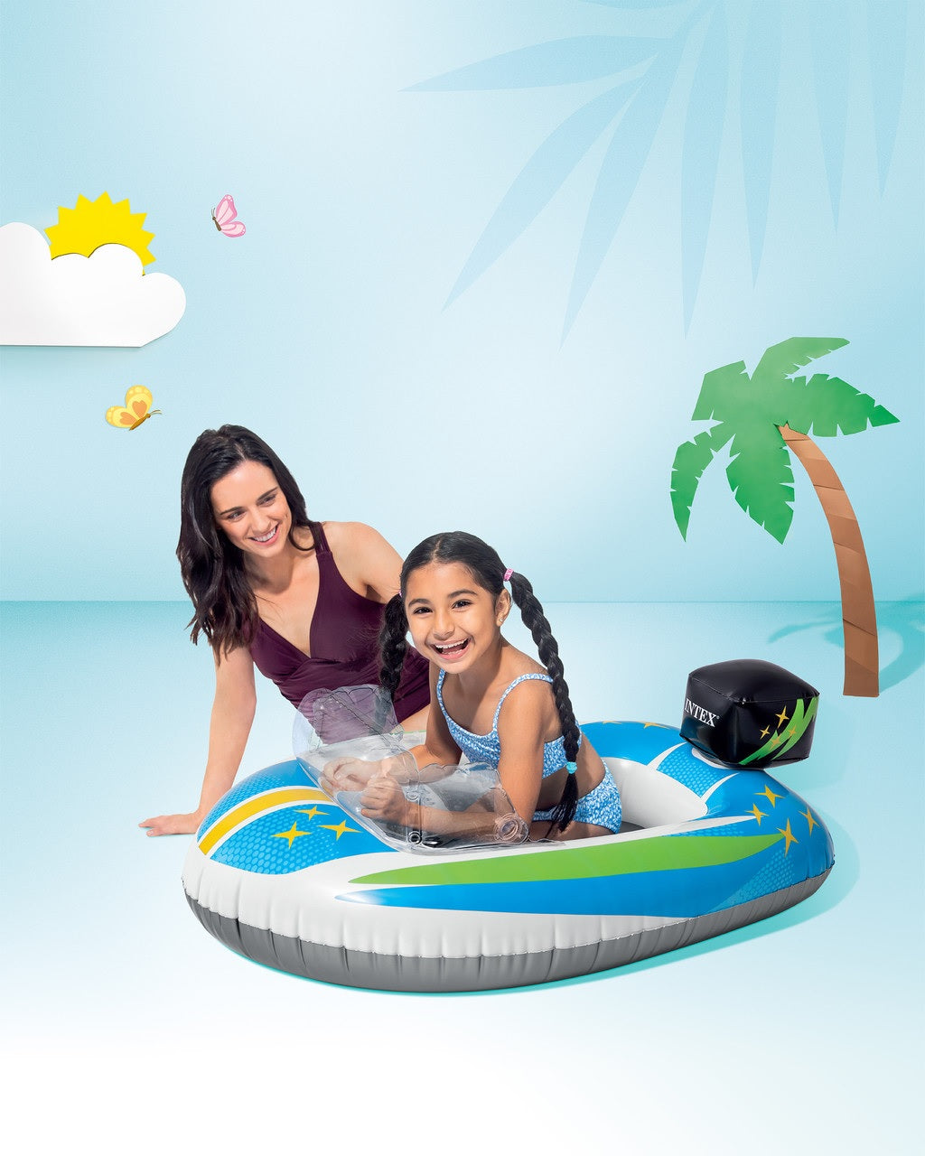 Pool inflatable shaped like a speedboat.